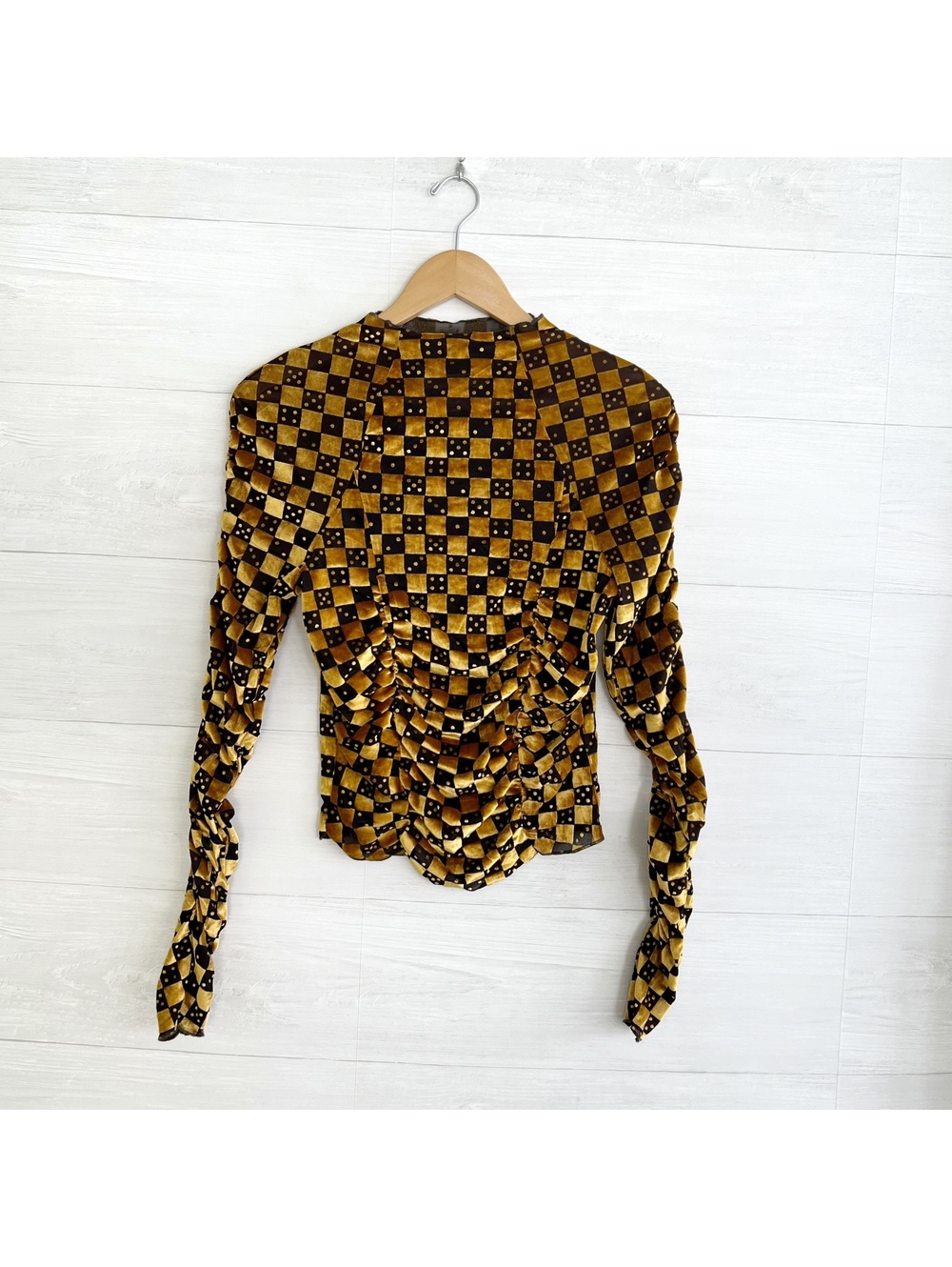 Urban Outfitters Womens L Gold Black Burnout Velvet Dice Ruched Long Sleeve Top